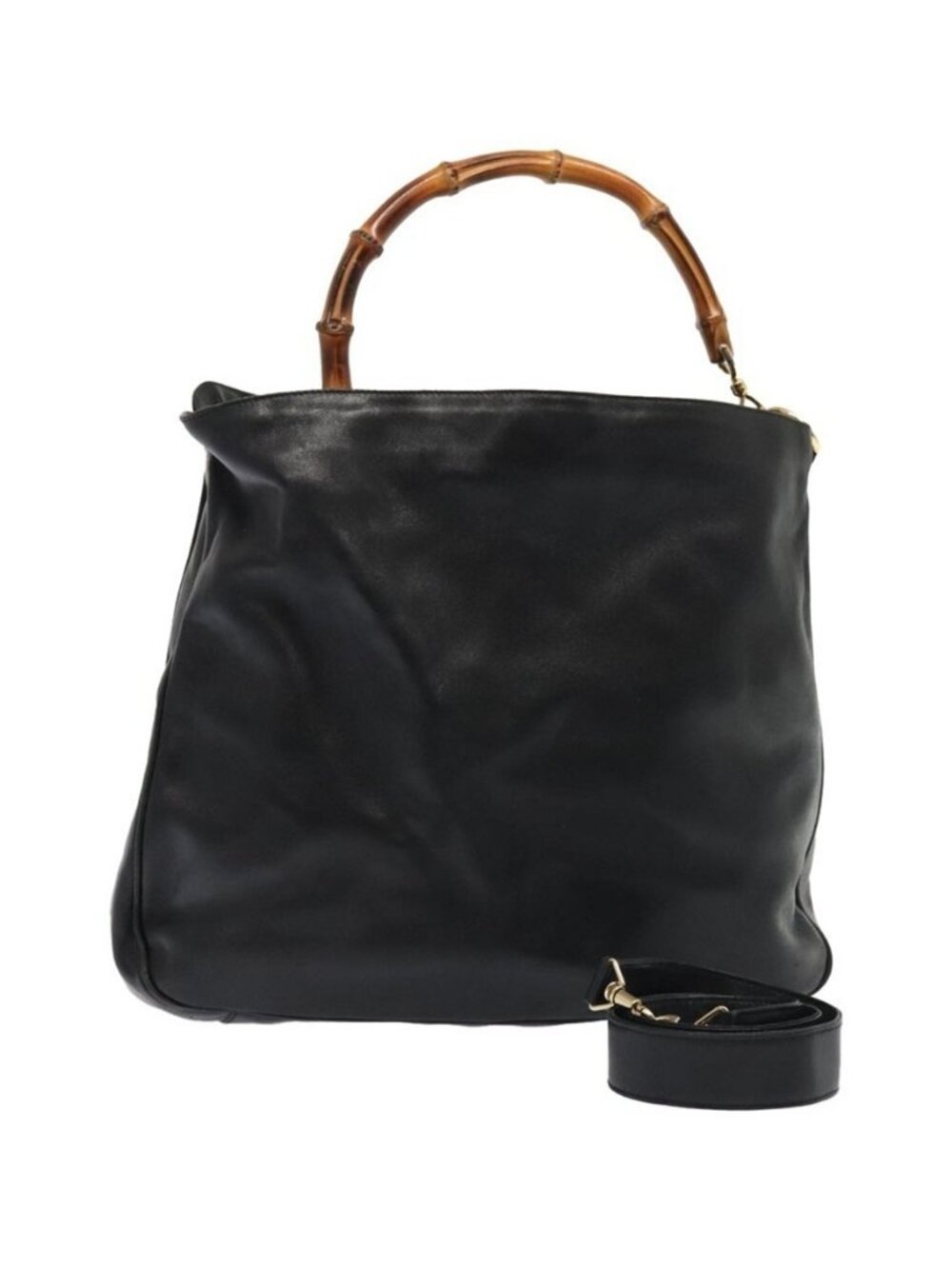 Authentic GUCCI Bamboo Shoulder Bag Leather 2way Black Gold 001 2123 1577